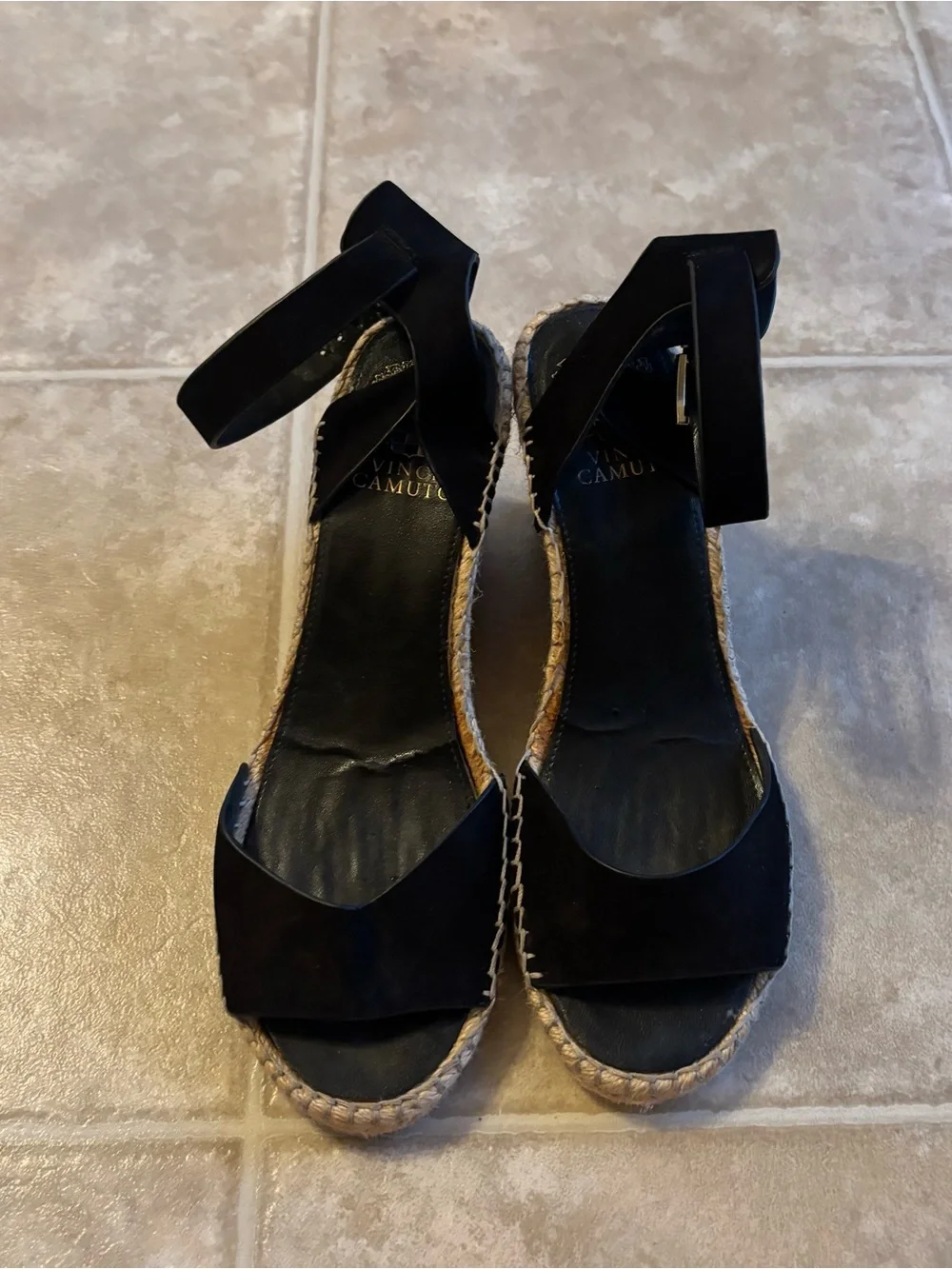 Vince Camuto Black Suede Ankle-Strap Espadrille Wedges